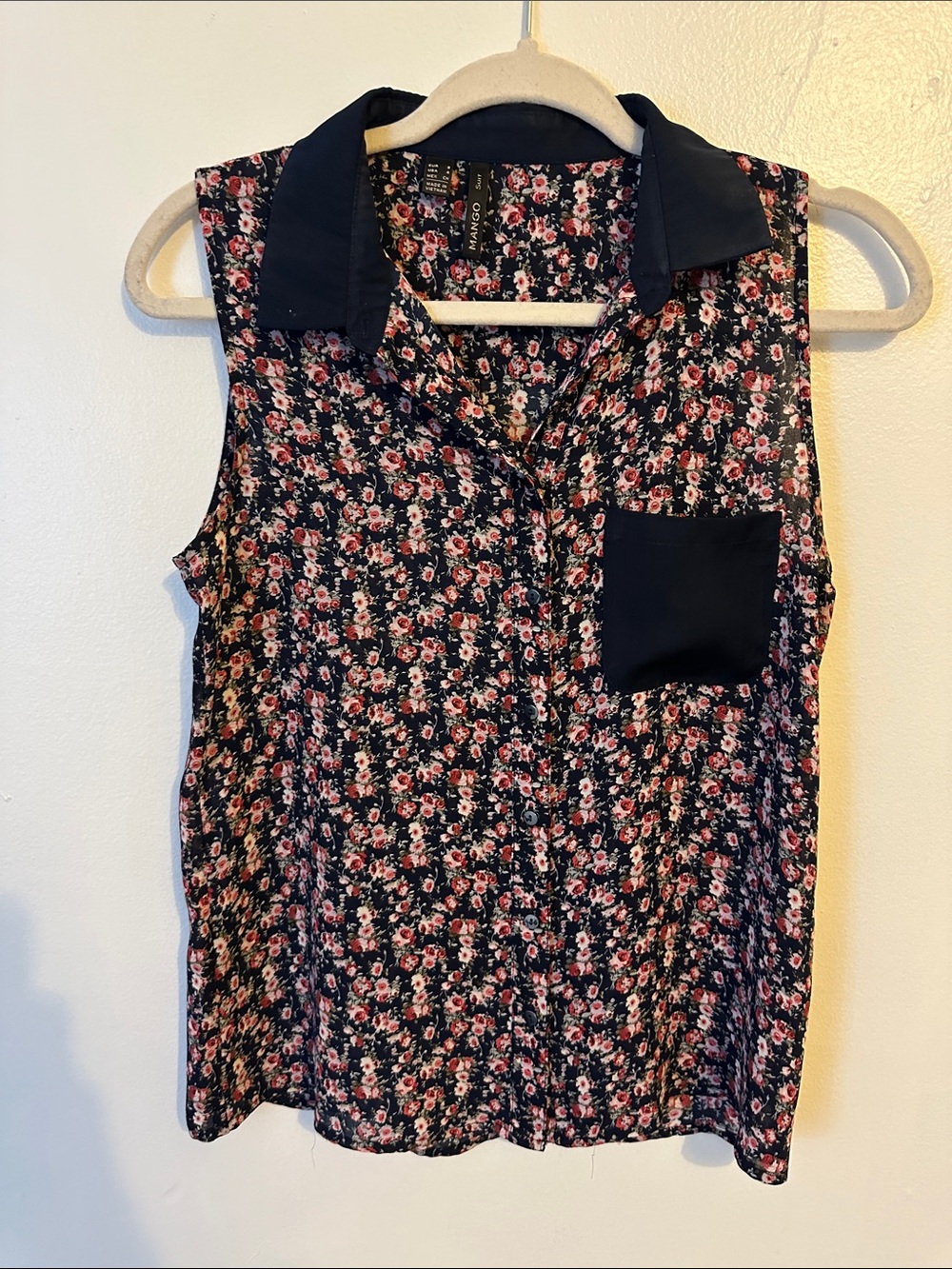 Mango Black Floral Sleeveless Blouse with Black Collar